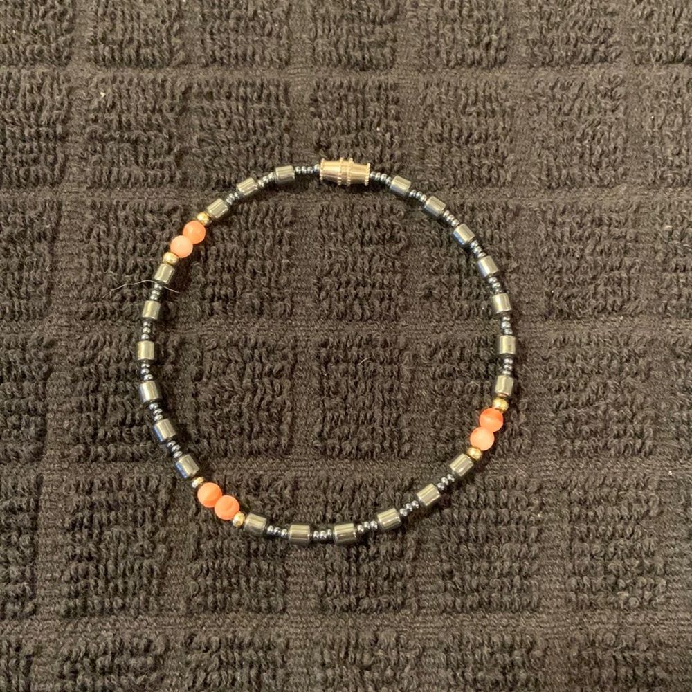 Black and Coral Beaded Bracelet 8”